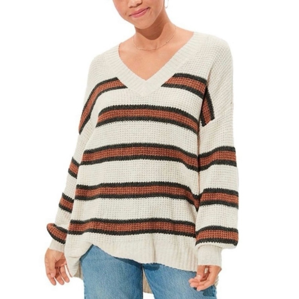 American Eagle Oversized Brown Stripe V-Neck Sweater Size S